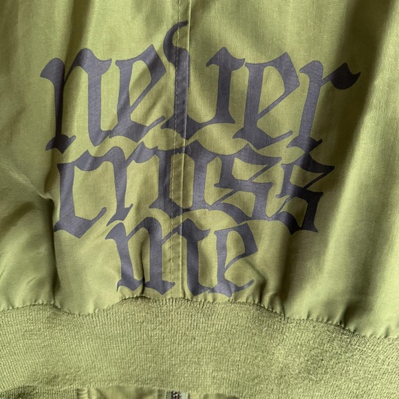 Canvas Bomber Jacket Mens 3XL Green Skull Guns Graphic Biker Goth - Picture 12 of 12